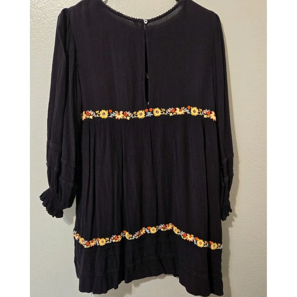 Free People Pasadena Floral Embroidered Long Sleeve Dress With Liner Black Small
